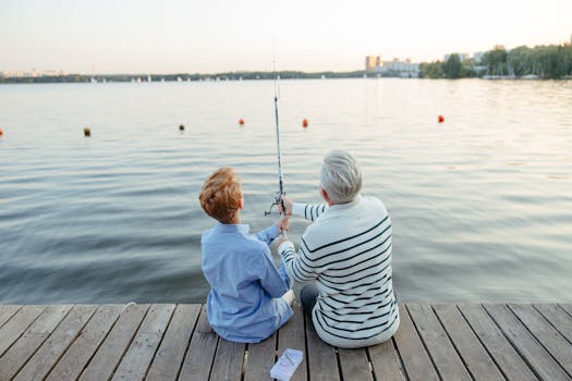 family fishing together on a lake