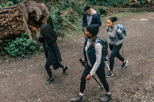 family hiking in a lush forest