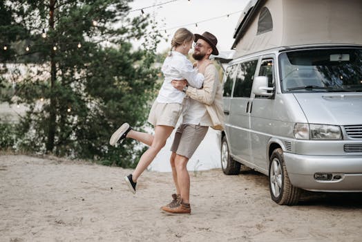 happy family with RV and solar panels